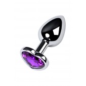 Серебристая коническая анальная пробка с фиолетовым кристаллом-сердечком - 7 см. - ToyFa - купить с доставкой в Муроме