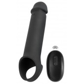 Черная вибронасадка для пениса с хомутом для мошонки и пультом ДУ Remote Controlled Penis Extension - Orion - в Муроме купить с доставкой