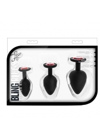 Набор черных анальных пробок с красным кристаллом-сердечком Bling Plugs Training Kit - Blush Novelties - купить с доставкой в Муроме