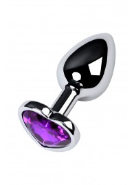Серебристая коническая анальная пробка с фиолетовым кристаллом-сердечком - 7 см. - ToyFa - купить с доставкой в Муроме