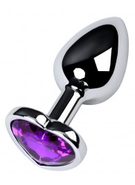 Серебристая коническая анальная пробка с фиолетовым кристаллом-сердечком - 7 см. - ToyFa - купить с доставкой в Муроме