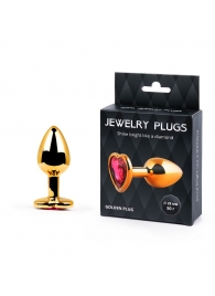 Золотистая анальная пробка с малиновым кристаллом-сердечком - 7 см. - Anal Jewelry Plug - купить с доставкой в Муроме