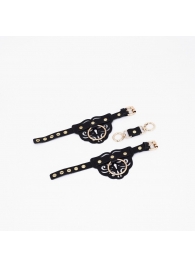 Черные кожаные наручники с клепками, кольцами и золотистой фурнитурой - Crazy Handmade - купить с доставкой в Муроме