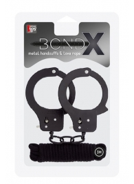 Чёрные наручники из листового металла в комплекте с веревкой BONDX METAL CUFFS LOVE ROPE SET - Dream Toys - купить с доставкой в Муроме