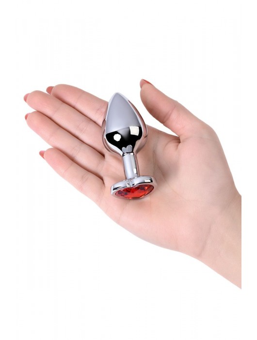 Серебристая коническая анальная пробка с красным кристаллом-сердечком - 7 см. - ToyFa - купить с доставкой в Муроме