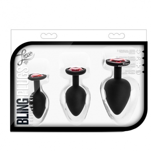 Набор черных анальных пробок с красным кристаллом-сердечком Bling Plugs Training Kit - Blush Novelties - купить с доставкой в Муроме