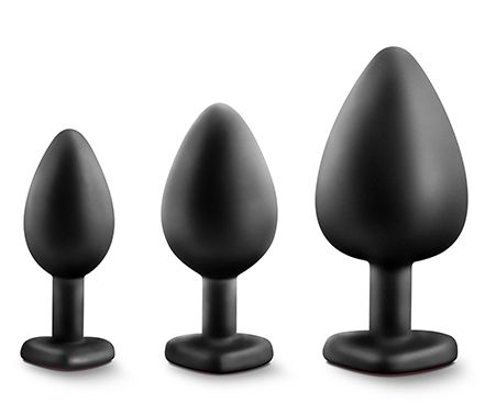 Набор черных анальных пробок с красным кристаллом-сердечком Bling Plugs Training Kit - Blush Novelties - купить с доставкой в Муроме