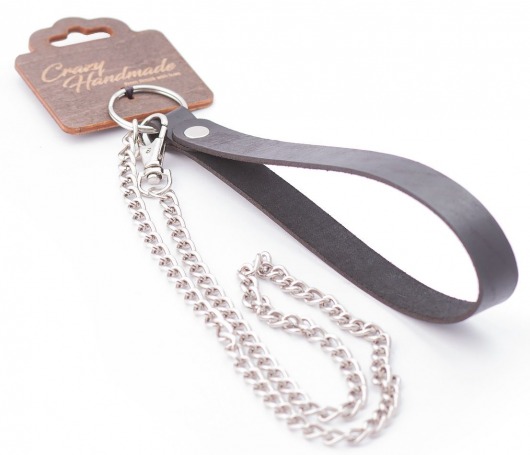 Серебристый металлический поводок с кожаной черной ручкой - 80 см. - Crazy Handmade - купить с доставкой в Муроме
