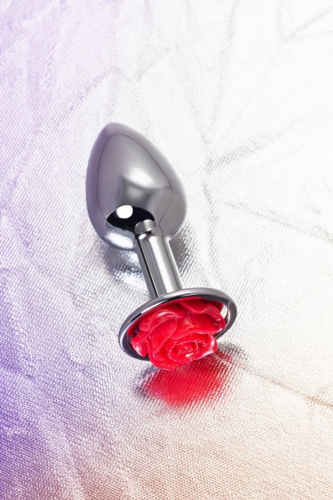 Серебристая анальная втулка с красной розочкой - 8 см. - ToyFa