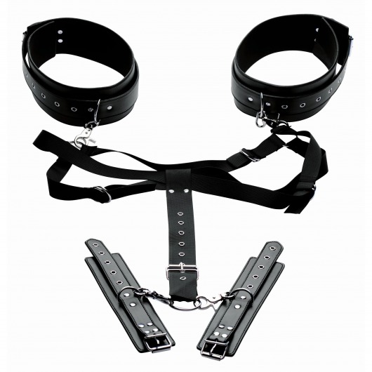 Черная бондажная система Acquire Easy Access Thigh Harness with Wrist Cuffs - XR Brands - купить с доставкой в Муроме