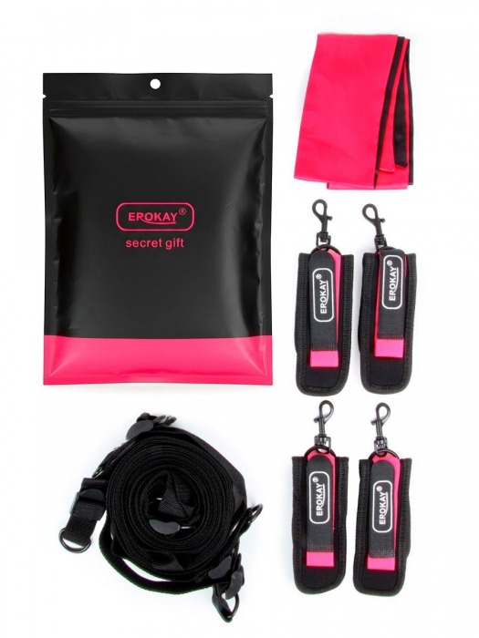 Черно-розовый эротический набор: фиксатор, оковы, наручники, повязка - Erokay - купить с доставкой в Муроме