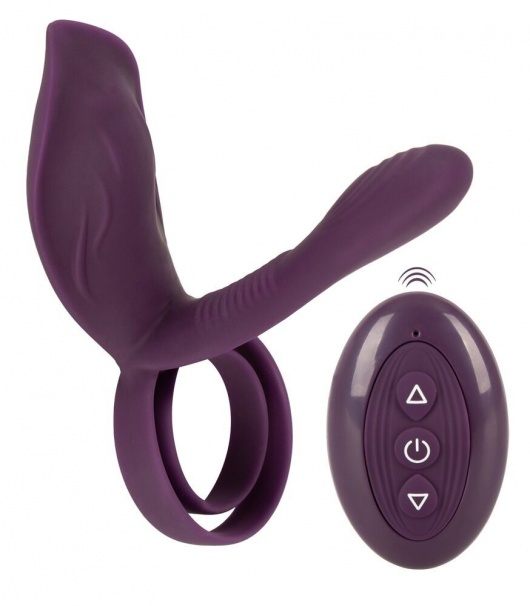 Фиолетовая насадка на член с клиторальным отростком и пультом ДУ RC Couple’s Vibrator 2 - Orion - в Муроме купить с доставкой